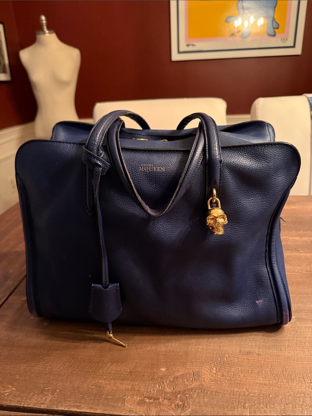 Alexander McQueen Navy Pebbled Leather, padlock zip-around, Skull Lock and Key